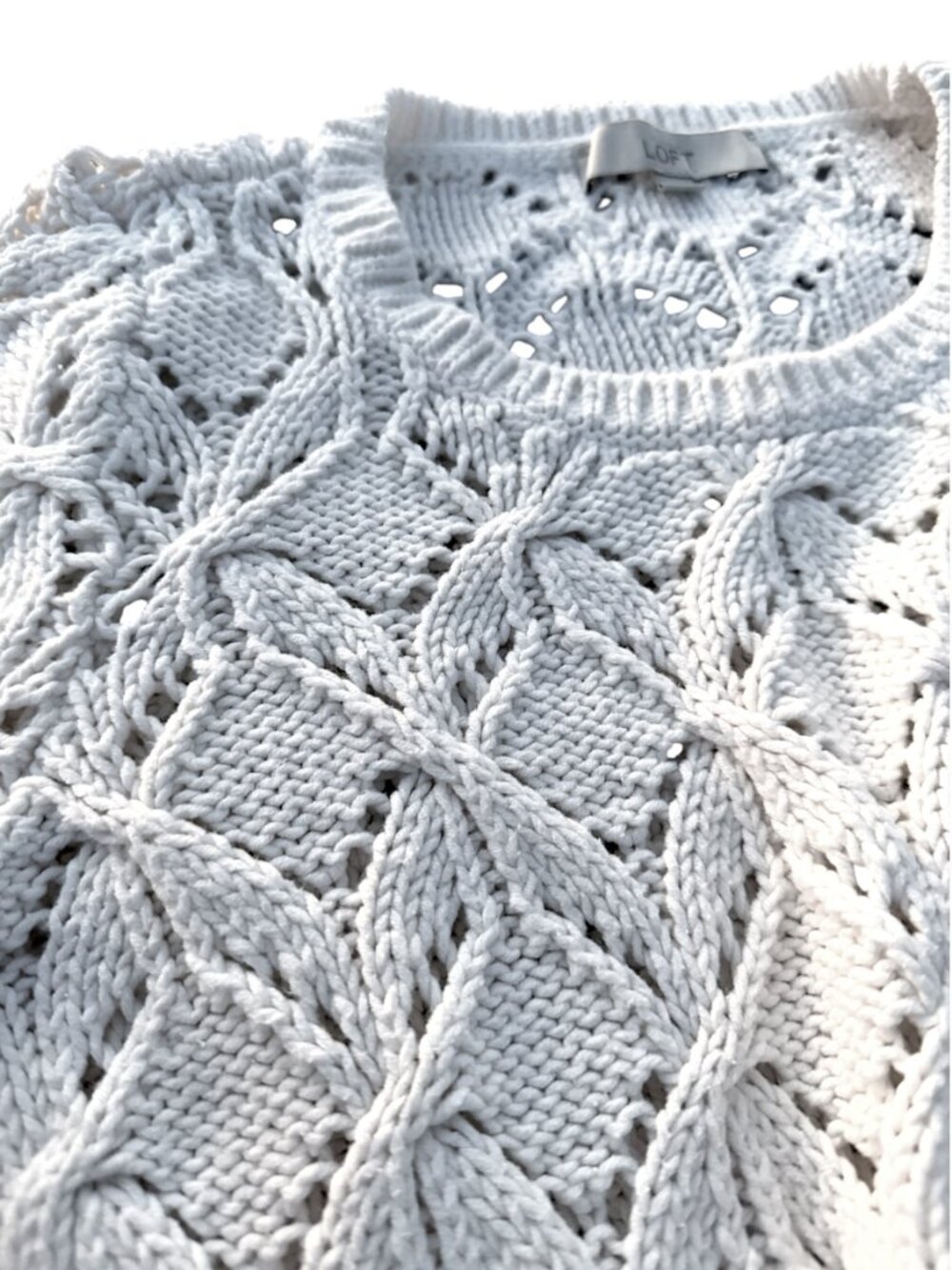 LOFT Cream Cable Knit Openwork Pointelle Sweater Off White Crew Neck - Picture 14 of 16
